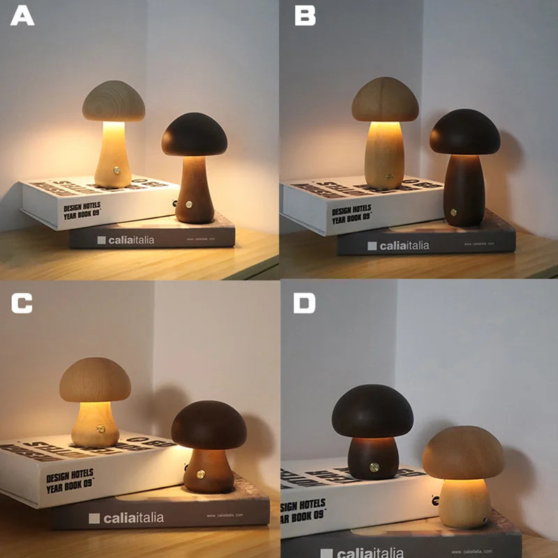 Wooden Mushrooms Night Light Touch Table Lamp Walnut Desk Light USB Chargeable