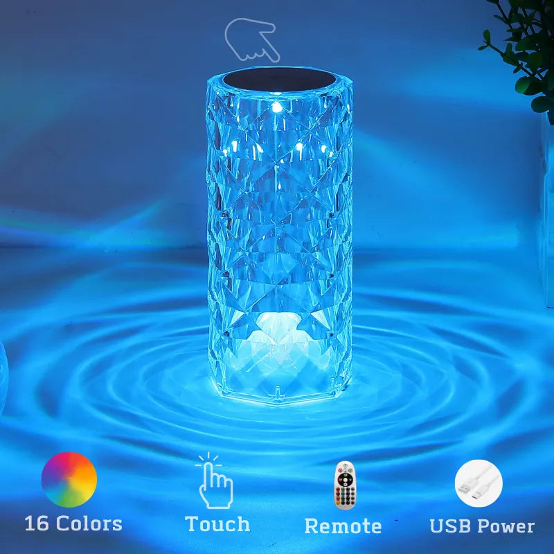 Crystal Table Lamp for Bedroom 16 Colors Touch/Remote Dimmable Night Light USB LED