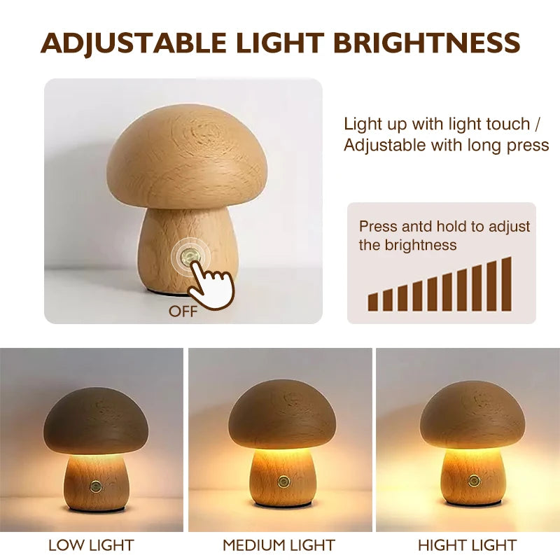 Wooden Mushrooms Night Light Touch Table Lamp Walnut Desk Light USB Chargeable