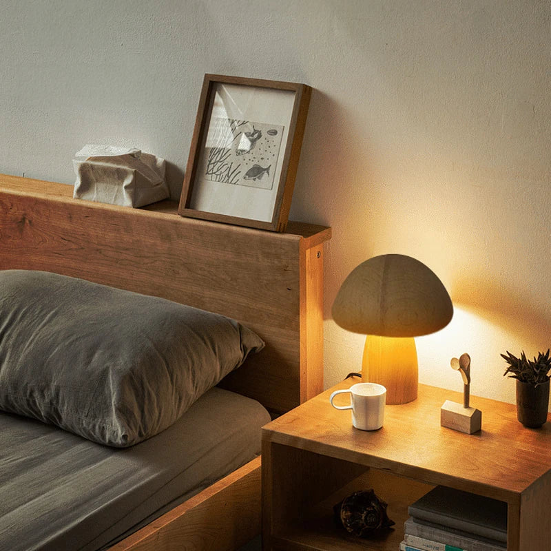 Wooden Mushrooms Night Light Touch Table Lamp Walnut Desk Light USB Chargeable