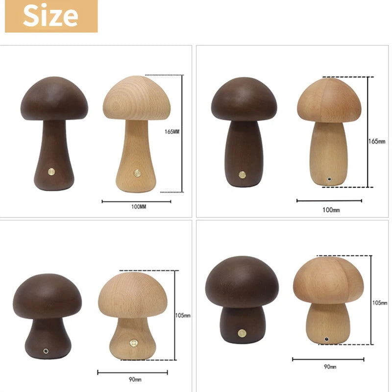 Wooden Mushrooms Night Light Touch Table Lamp Walnut Desk Light USB Chargeable