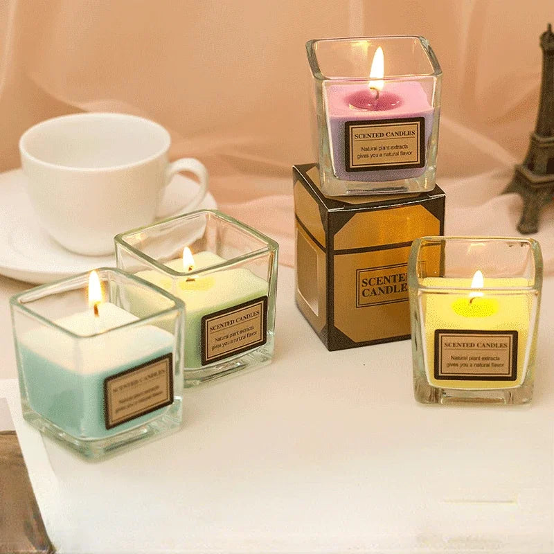 Candy Color Fragrance Candle Fragrance Environment Glass Square Cup Bedroom Household Decoration Small and Fresh