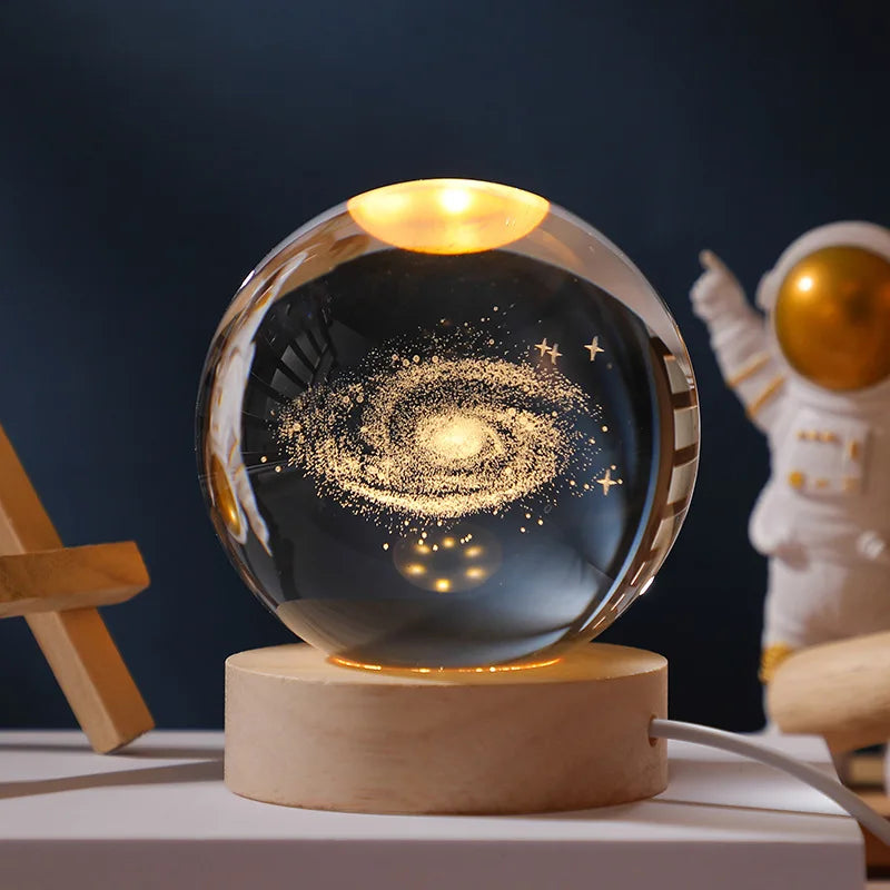 6cm 3D Crystal Ball Glass Planet LED Warm Night Light Laser Engraved Solar System Globe Universe Birthday Gift Wooden Base