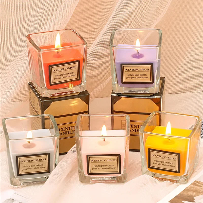 Candy Color Fragrance Candle Fragrance Environment Glass Square Cup Bedroom Household Decoration Small and Fresh