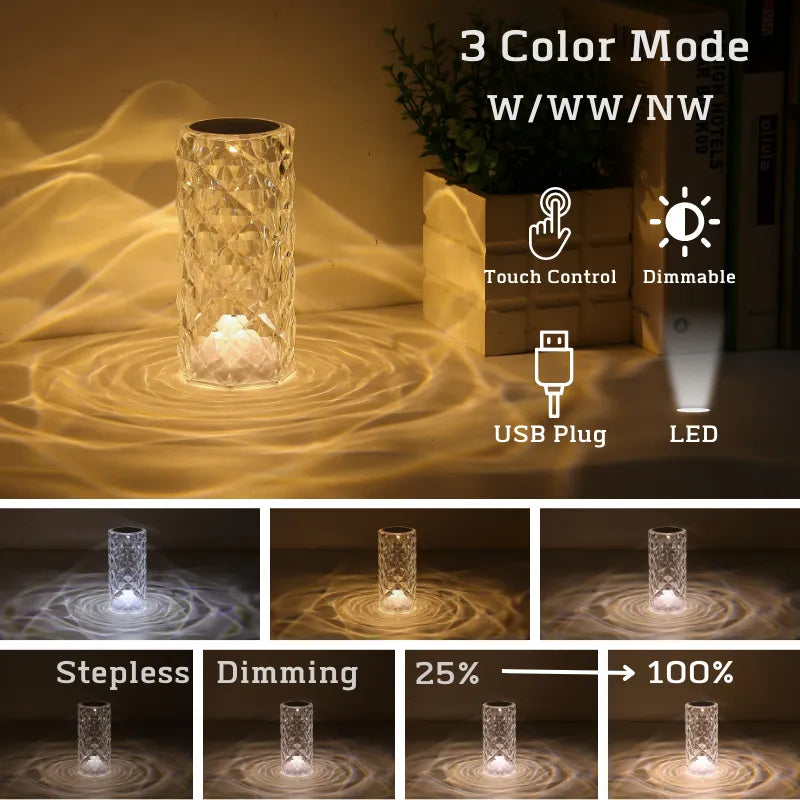 Crystal Table Lamp for Bedroom 16 Colors Touch/Remote Dimmable Night Light USB LED