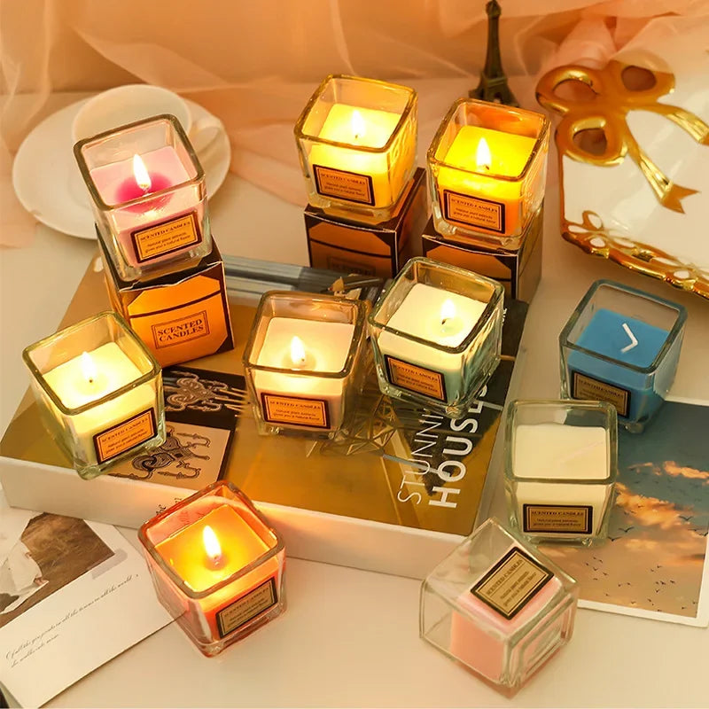 Candy Color Fragrance Candle Fragrance Environment Glass Square Cup Bedroom Household Decoration Small and Fresh