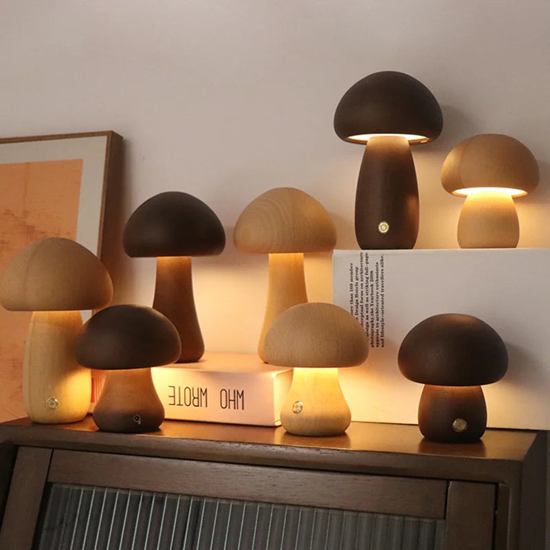 Wooden Mushrooms Night Light Touch Table Lamp Walnut  Desk Light USB Chargeable